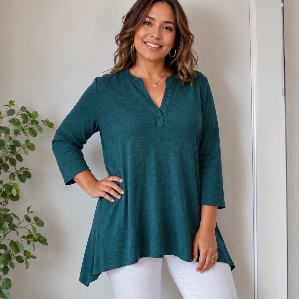 Chicos Teal Green Slub Knit Ultimate Tee Split V-Neck Sharkbite Tunic Top Size 1